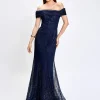 Formal / Prom Dresses | Maxi Dresses<Bariano ALIANNA OFF SHOULDER GLITTER GOWN B75D88L NAVY