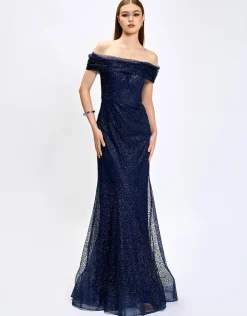Formal / Prom Dresses | Maxi Dresses<Bariano ALIANNA OFF SHOULDER GLITTER GOWN B75D88L NAVY