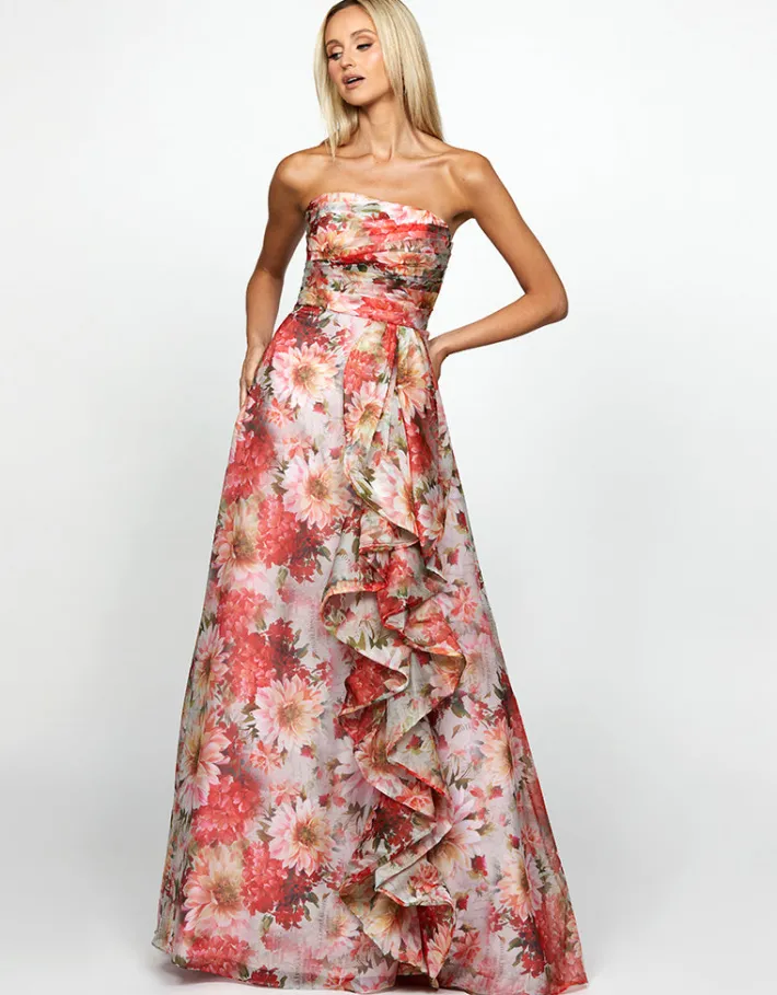 Gowns / Ballgowns | All Dresses<Bariano BLAIRE STRAPLESS CASCADING RUFFLE GOWN B69D13L FLORAL MULTI