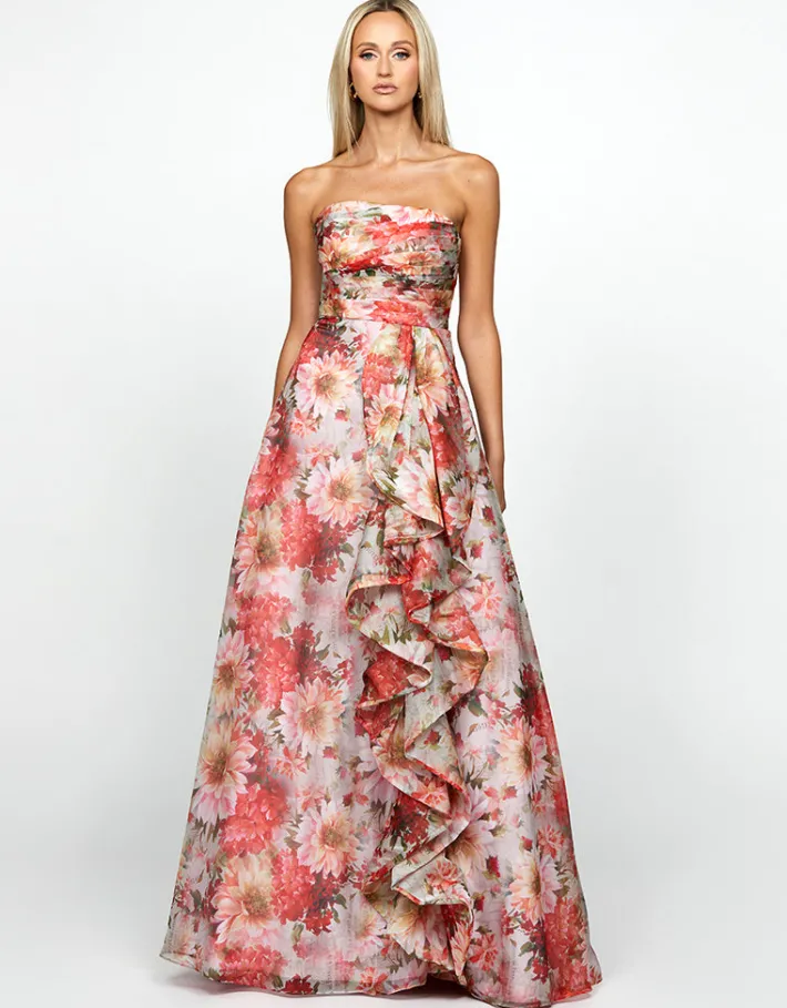Gowns / Ballgowns | All Dresses<Bariano BLAIRE STRAPLESS CASCADING RUFFLE GOWN B69D13L FLORAL MULTI