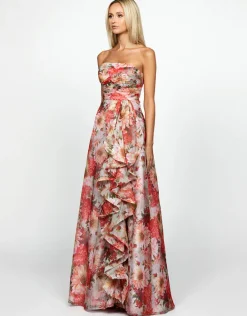 Gowns / Ballgowns | All Dresses<Bariano BLAIRE STRAPLESS CASCADING RUFFLE GOWN B69D13L FLORAL MULTI