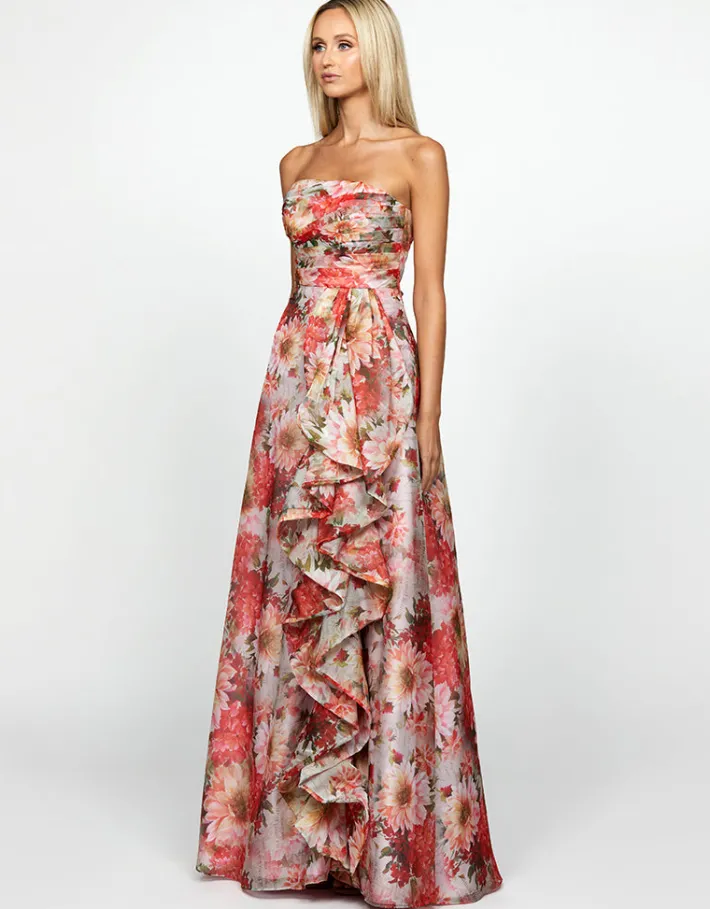 Gowns / Ballgowns | All Dresses<Bariano BLAIRE STRAPLESS CASCADING RUFFLE GOWN B69D13L FLORAL MULTI