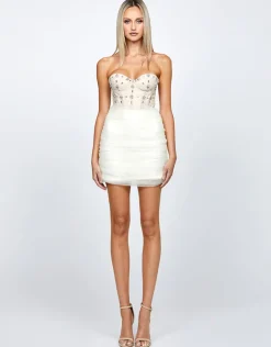 Mini Dresses | All Dresses<Bariano CARLISE DIAMANTE TULLE MINI B72D53S WHITE/NUDE