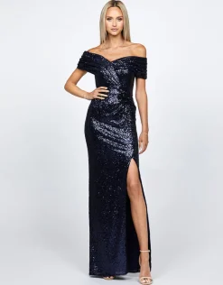 Maxi Dresses | All Dresses<Bariano EVANIE DRAPED OFF SHOULDER SEQUIN GOWN B68D12L NAVY