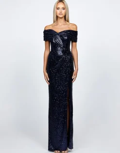 Maxi Dresses | All Dresses<Bariano EVANIE DRAPED OFF SHOULDER SEQUIN GOWN B68D12L NAVY