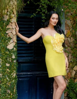 Mini Dresses | All Dresses<Bariano HELMAYA ONE SHOULDER ROSETTE MINI BL68D53S YELLOW