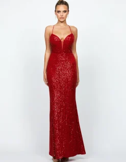 Maxi Dresses<Bariano KIMBERLY STRAPPY SEQUIN GOWN B74D26L RED
