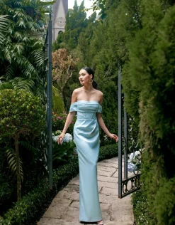 Formal / Prom Dresses | Gowns / Ballgowns<Bariano KORI OFF SHOULDER PLEATED CORSET GOWN B69D35L LIGHT BLUE