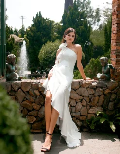 Maxi Dresses<Bariano LATTICE ONE SHOULDER ROSETTE FRILL GOWN B68D28L WHITE