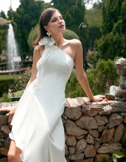 Maxi Dresses<Bariano LATTICE ONE SHOULDER ROSETTE FRILL GOWN B68D28L WHITE