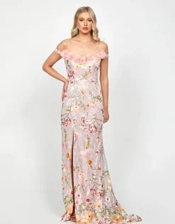 Formal / Prom Dresses | Maxi Dresses<Bariano LORIE SCOOPED OFF SHOULDER GOWN B73D38L SILVER/PINK MULTI