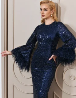 Maxi Dresses | All Dresses<Bariano LOTUS FEATHER GOWN B65D11L NAVY/NAVY