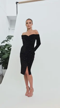 Midi Dresses<Bariano MELANIE RUCHED OFF SHOULER MIDI BL74D02S BLACK