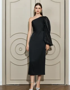 Long Sleeve Dresses | Midi Dresses<Bariano NYSSA ONE SLEEVE MIDI B67D41S BLACK