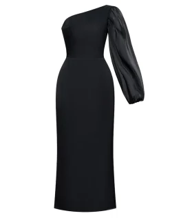Long Sleeve Dresses | Midi Dresses<Bariano NYSSA ONE SLEEVE MIDI B67D41S BLACK