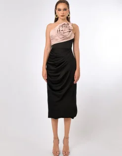 Formal / Prom Dresses | All Dresses<Bariano QUINLEY ONE SHOULDER ROSETTE MIDI BL70D54S BLACK/BLUSH