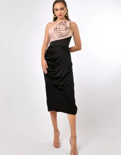 Formal / Prom Dresses | All Dresses<Bariano QUINLEY ONE SHOULDER ROSETTE MIDI BL70D54S BLACK/BLUSH