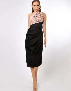 Formal / Prom Dresses | All Dresses<Bariano QUINLEY ONE SHOULDER ROSETTE MIDI BL70D54S BLACK/BLUSH