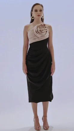 Formal / Prom Dresses | All Dresses<Bariano QUINLEY ONE SHOULDER ROSETTE MIDI BL70D54S BLACK/BLUSH