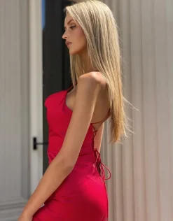 All Dresses<Bariano STEPHANIE COWL DRAPED SATIN GOWN B34D15L RED