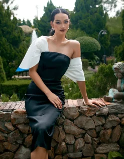 Midi Dresses | All Dresses<Bariano THESSALY FITTED ASYMMETRIC SLEEVE MIDI B68D23S BLACK/WHITE