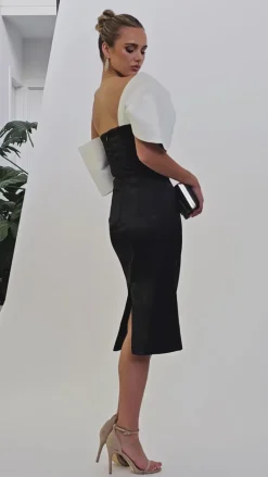 Midi Dresses | All Dresses<Bariano THESSALY FITTED ASYMMETRIC SLEEVE MIDI B68D23S BLACK/WHITE
